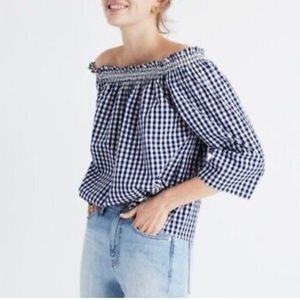Madewell Blue Smocked Gingham Off Shoulder Top Size XS